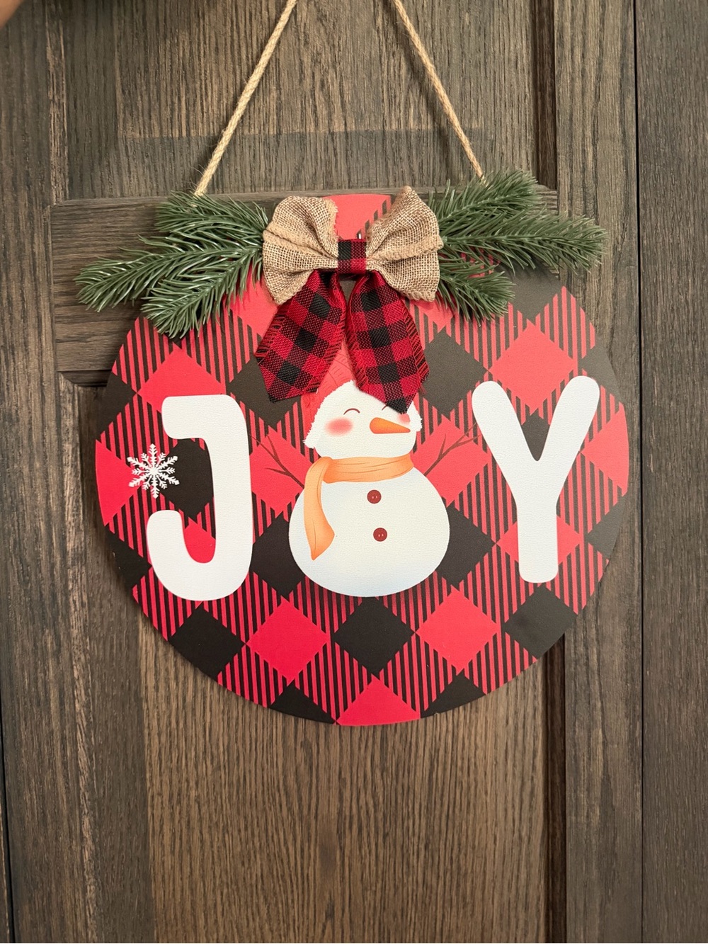 Holiday JOY Plaque with Snowman - Red Buffalo Check